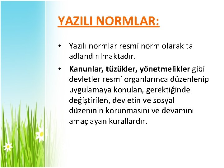 YAZILI NORMLAR: • Yazılı normlar resmi norm olarak ta adlandırılmaktadır. • Kanunlar, tüzükler, yönetmelikler