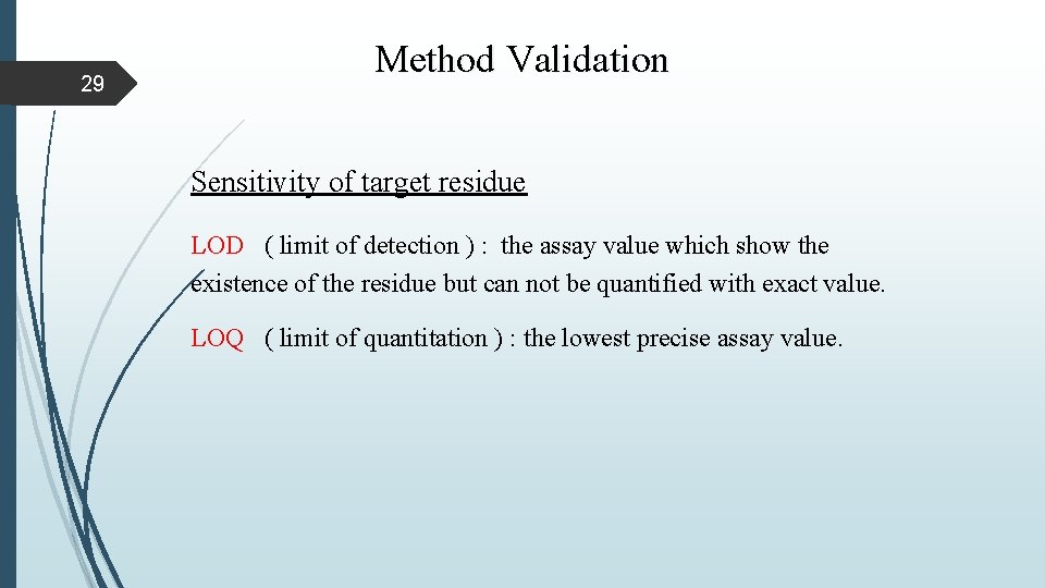 29 Method Validation Sensitivity of target residue LOD ( limit of detection ) : 29 Method Validation Sensitivity of target residue LOD ( limit of detection ) :