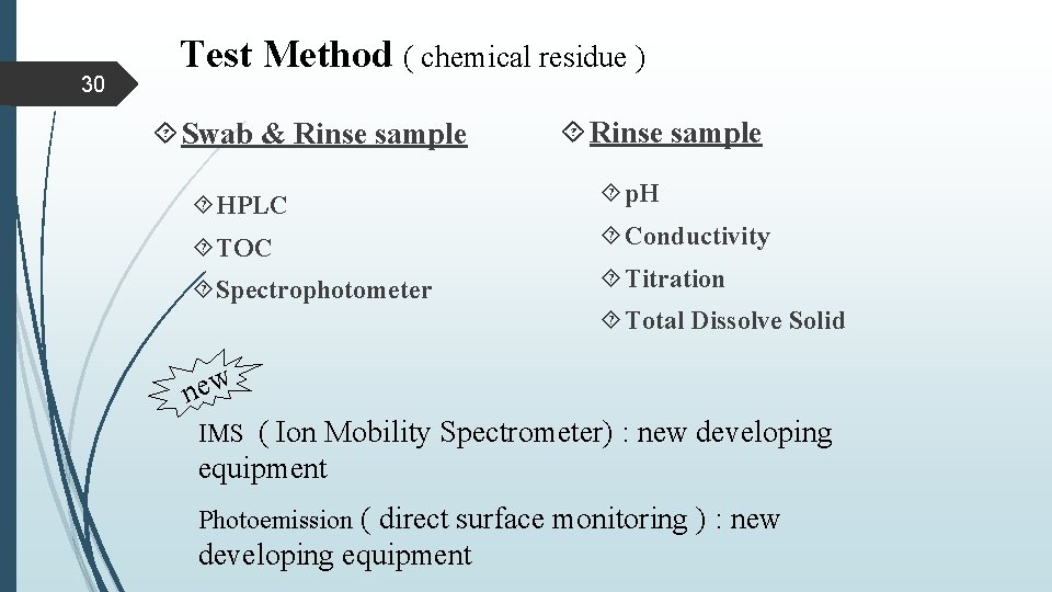 30 Test Method ( chemical residue ) Swab & Rinse sample HPLC p. H 30 Test Method ( chemical residue ) Swab & Rinse sample HPLC p. H