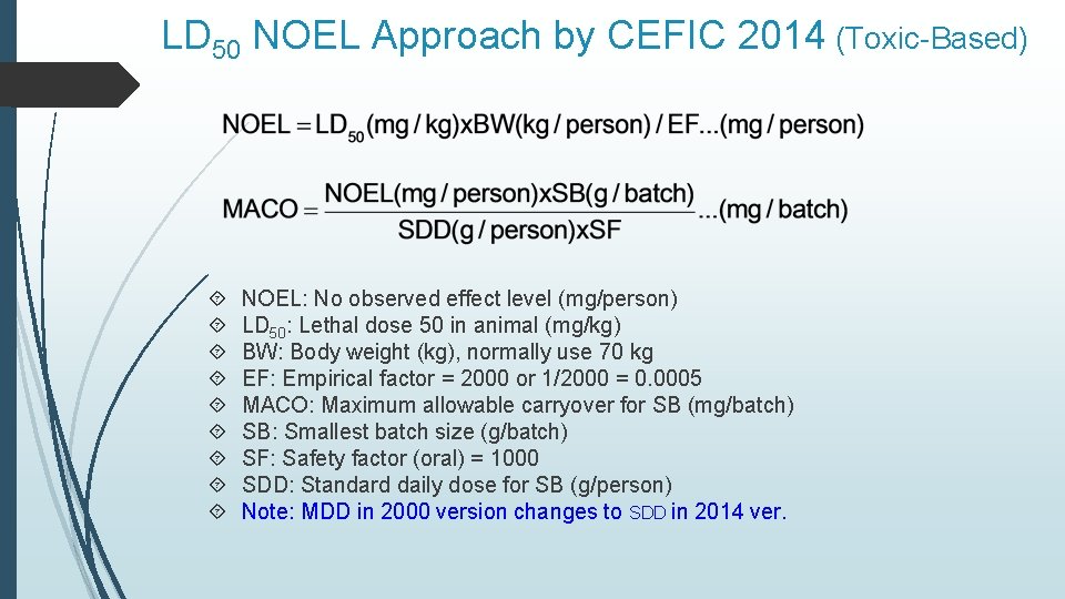 LD 50 NOEL Approach by CEFIC 2014 (Toxic-Based) NOEL: No observed effect level (mg/person) LD 50 NOEL Approach by CEFIC 2014 (Toxic-Based) NOEL: No observed effect level (mg/person)