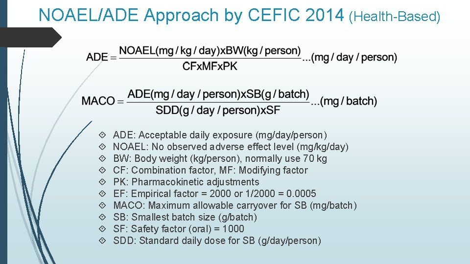 NOAEL/ADE Approach by CEFIC 2014 (Health-Based) ADE: Acceptable daily exposure (mg/day/person) NOAEL: No observed NOAEL/ADE Approach by CEFIC 2014 (Health-Based) ADE: Acceptable daily exposure (mg/day/person) NOAEL: No observed
