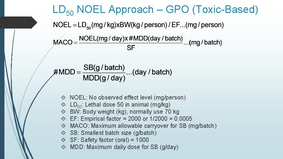 LD 50 NOEL Approach – GPO (Toxic-Based) NOEL: No observed effect level (mg/person) LD LD 50 NOEL Approach – GPO (Toxic-Based) NOEL: No observed effect level (mg/person) LD