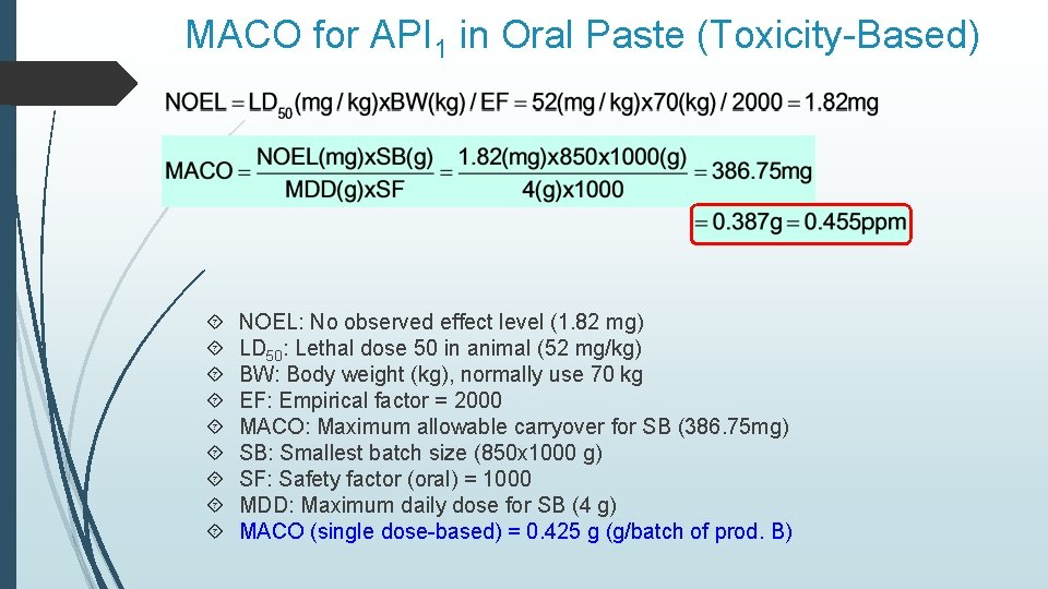 MACO for API 1 in Oral Paste (Toxicity-Based) NOEL: No observed effect level (1. MACO for API 1 in Oral Paste (Toxicity-Based) NOEL: No observed effect level (1.