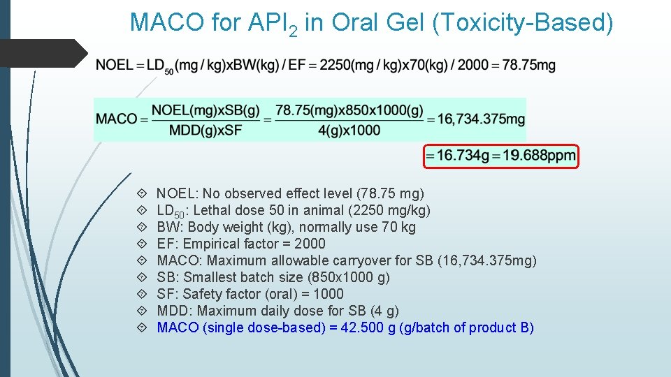 MACO for API 2 in Oral Gel (Toxicity-Based) NOEL: No observed effect level (78. MACO for API 2 in Oral Gel (Toxicity-Based) NOEL: No observed effect level (78.