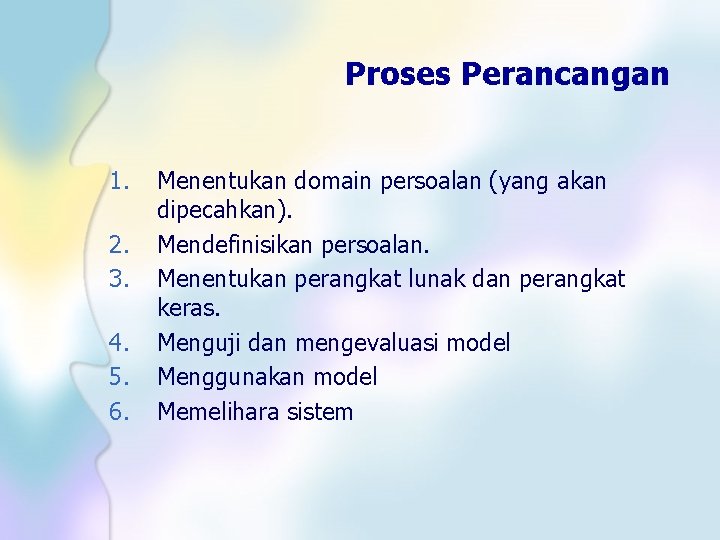 Proses Perancangan 1. 2. 3. 4. 5. 6. Menentukan domain persoalan (yang akan dipecahkan).