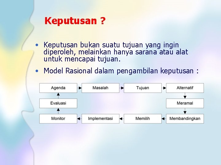 Keputusan ? • Keputusan bukan suatu tujuan yang ingin diperoleh, melainkan hanya sarana atau