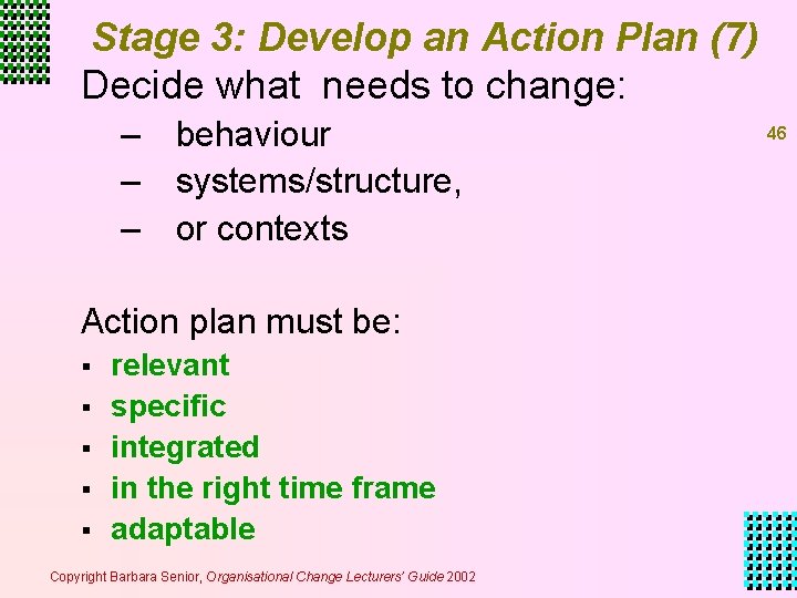 Stage 3: Develop an Action Plan (7) Decide what needs to change: – behaviour Stage 3: Develop an Action Plan (7) Decide what needs to change: – behaviour