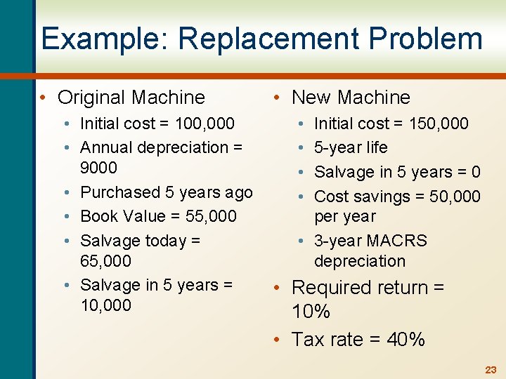 Example: Replacement Problem • Original Machine • Initial cost = 100, 000 • Annual