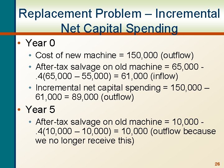 Replacement Problem – Incremental Net Capital Spending • Year 0 • Cost of new