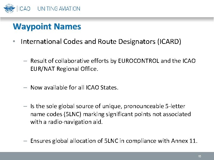 Waypoint Names • International Codes and Route Designators (ICARD) – Result of collaborative efforts