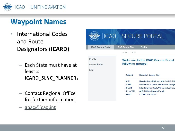 Waypoint Names • International Codes and Route Designators (ICARD) – Each State must have Waypoint Names • International Codes and Route Designators (ICARD) – Each State must have