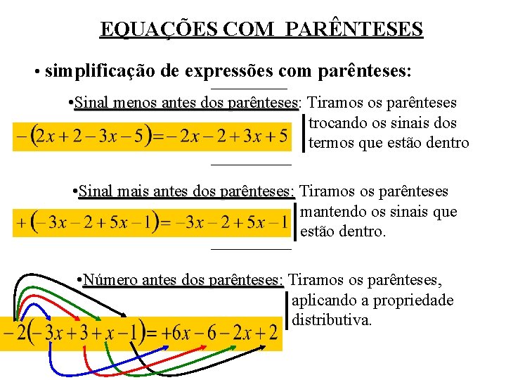 EQUAÇÕES COM PARÊNTESES • simplificação de expressões com parênteses: • Sinal menos antes dos