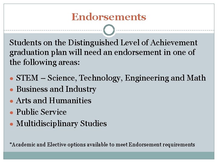 Endorsements Students on the Distinguished Level of Achievement graduation plan will need an endorsement