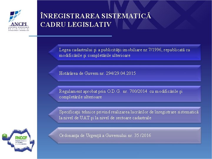 ÎNREGISTRAREA SISTEMATICĂ CADRU LEGISLATIV Legea cadastrului și a publicității imobiliare nr. 7/1996, republicată cu