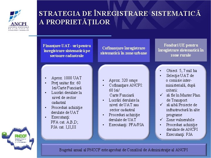STRATEGIA DE ÎNREGISTRARE SISTEMATICĂ A PROPRIETĂȚILOR Finanțare UAT- uri pentru înregistrare sistematică pe sectoare
