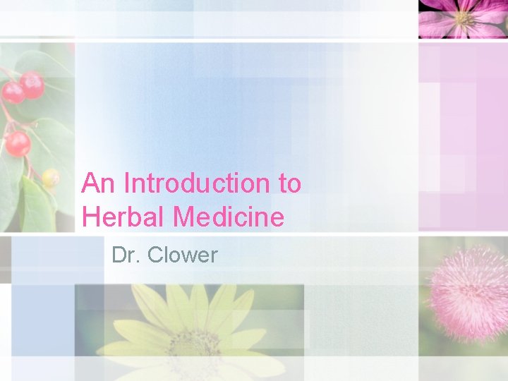 An Introduction to Herbal Medicine Dr. Clower 