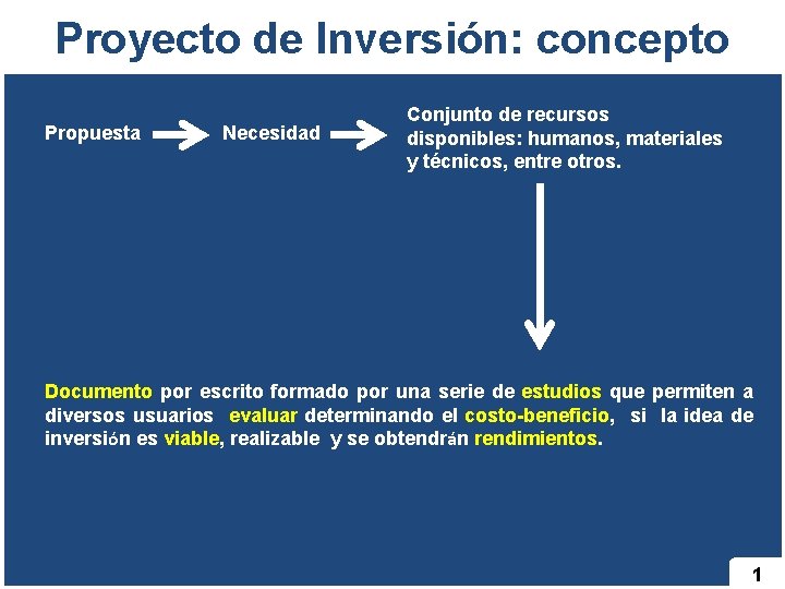 Proyecto de Inversión: concepto Propuesta Necesidad Conjunto de recursos disponibles: humanos, materiales y técnicos,