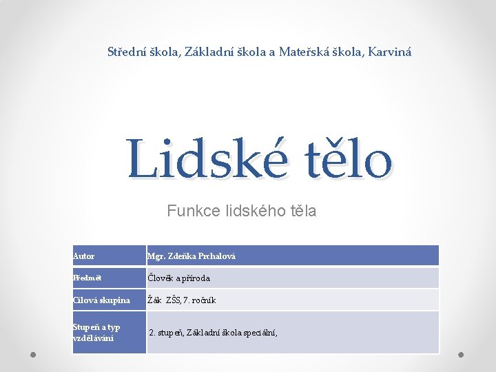 Střední škola, Základní škola a Mateřská škola, Karviná Lidské tělo Funkce lidského těla Autor