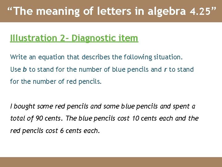 “The meaning of letters in algebra 4. 25” Illustration 2 - Diagnostic item Write