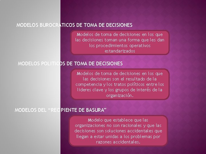 MODELOS BUROCRATICOS DE TOMA DE DECISIONES Modelos de toma de decisiones en los que