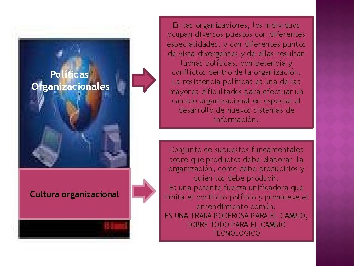 Políticas Organizacionales Cultura organizacional En las organizaciones, los individuos ocupan diversos puestos con diferentes