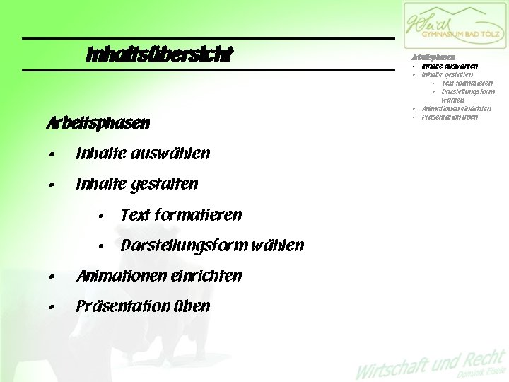 Inhaltsübersicht Arbeitsphasen • Inhalte auswählen • Inhalte gestalten • Text formatieren • Darstellungsform wählen