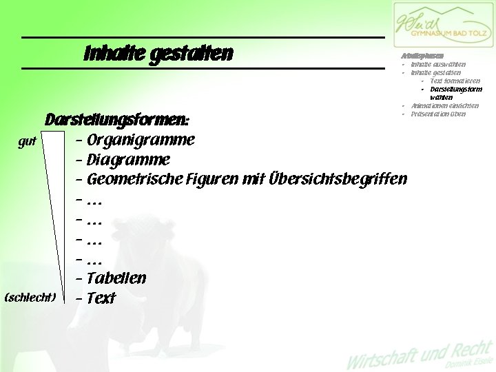 Inhalte gestalten Arbeitsphasen • Inhalte auswählen • Inhalte gestalten • Text formatieren • Darstellungsform