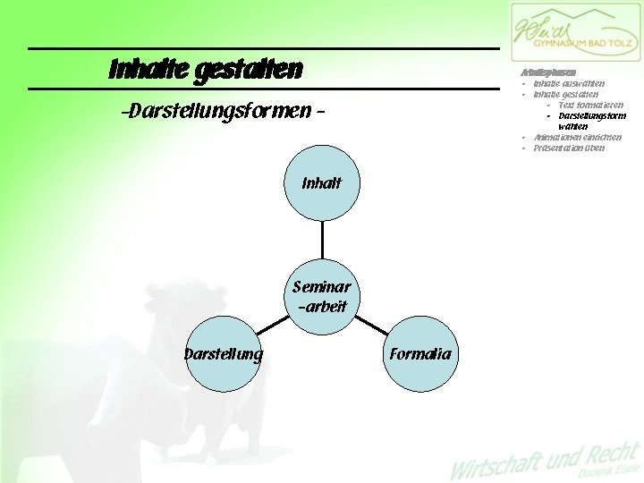 Inhalte gestalten Arbeitsphasen • Inhalte auswählen • Inhalte gestalten • Text formatieren • Darstellungsform