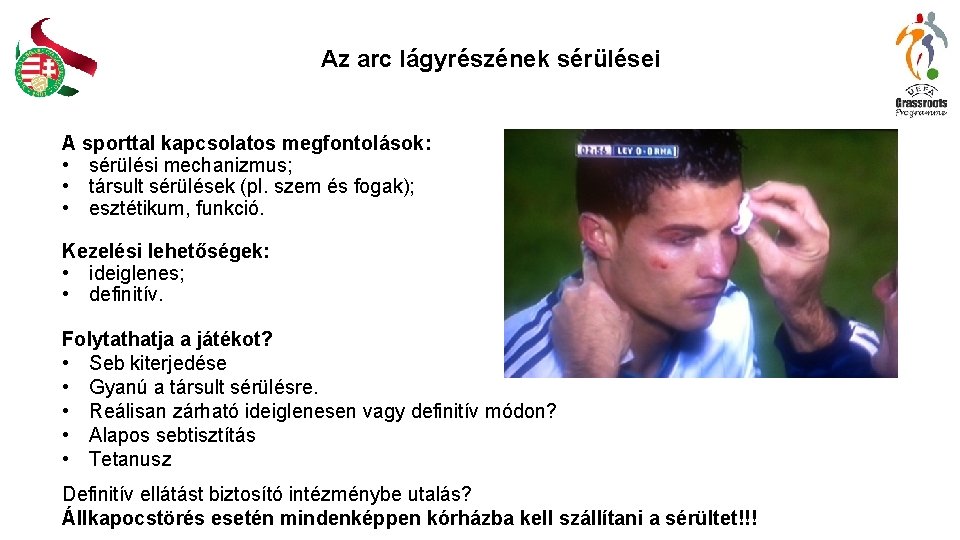 Az arc lágyrészének sérülései A sporttal kapcsolatos megfontolások: • sérülési mechanizmus; • társult sérülések Az arc lágyrészének sérülései A sporttal kapcsolatos megfontolások: • sérülési mechanizmus; • társult sérülések