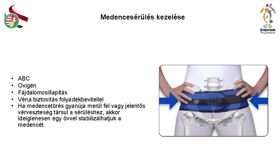 Medencesérülés kezelése • • • ABC Oxigén Fájdalomcsillapítás Véna biztosítás folyadékbevitellel Ha medencetörés gyanúja Medencesérülés kezelése • • • ABC Oxigén Fájdalomcsillapítás Véna biztosítás folyadékbevitellel Ha medencetörés gyanúja