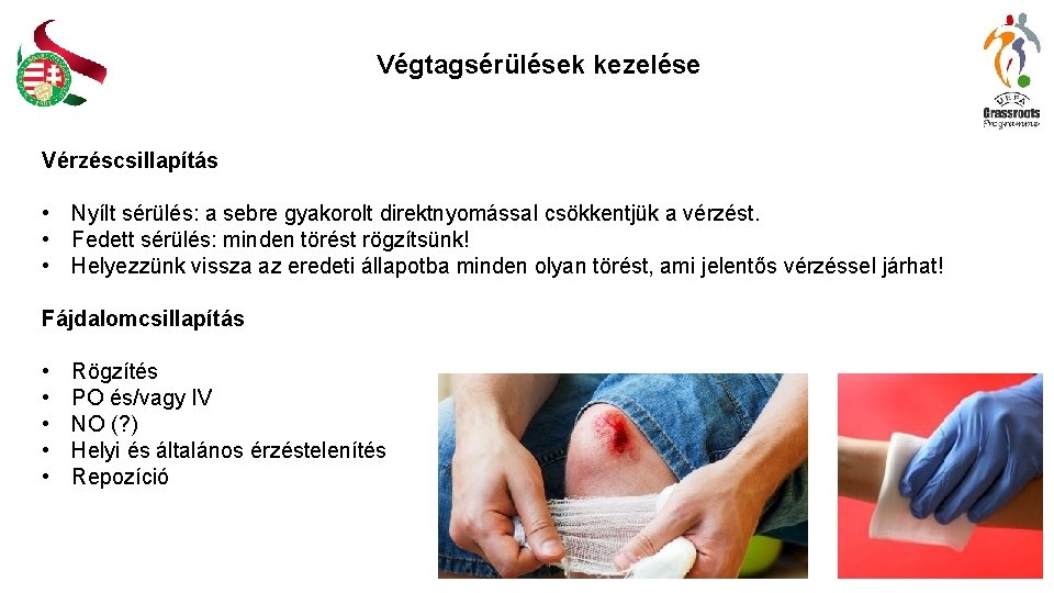 Végtagsérülések kezelése Vérzéscsillapítás • Nyílt sérülés: a sebre gyakorolt direktnyomással csökkentjük a vérzést. • Végtagsérülések kezelése Vérzéscsillapítás • Nyílt sérülés: a sebre gyakorolt direktnyomással csökkentjük a vérzést. •