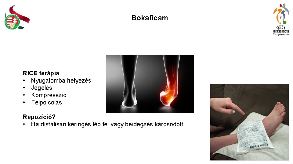 Bokaficam RICE terápia • Nyugalomba helyezés • Jegelés • Kompresszió • Felpolcolás Repozíció? •