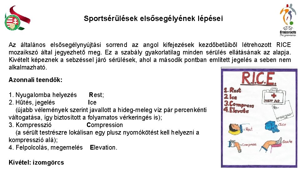 Sportsérülések elsősegélyének lépései Az általános elsősegélynyújtási sorrend az angol kifejezések kezdőbetűiből létrehozott RICE mozaikszó