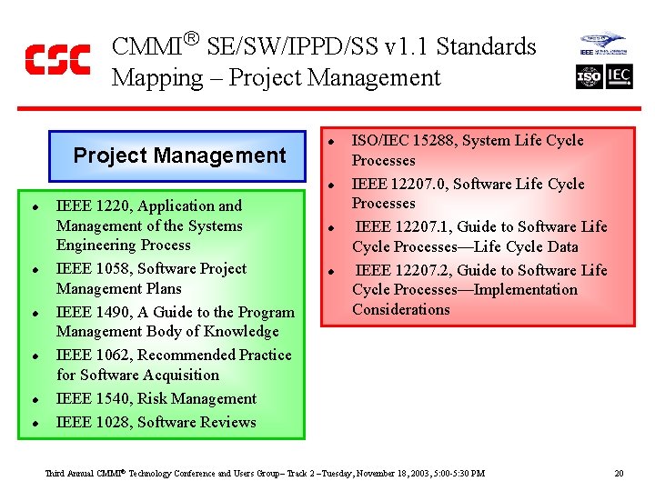 CMMI SE/SW/IPPD/SS v 1. 1 Standards Mapping – Project Management l l l l