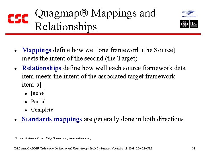 Quagmap Mappings and Relationships l l Mappings define how well one framework (the Source)