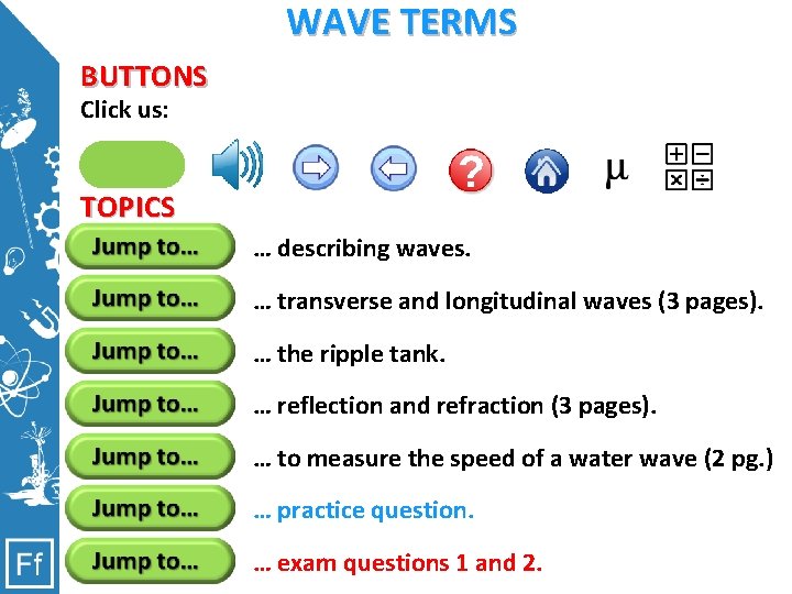 WAVE TERMS BUTTONS Click us: Clicking on mewillreveal take totoa. SI list ofsome equations,