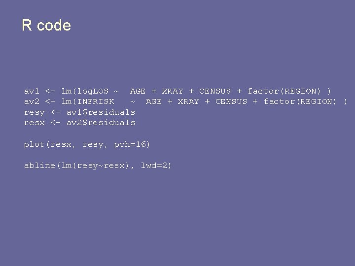 R code av 1 <- lm(log. LOS ~ AGE + XRAY + CENSUS +