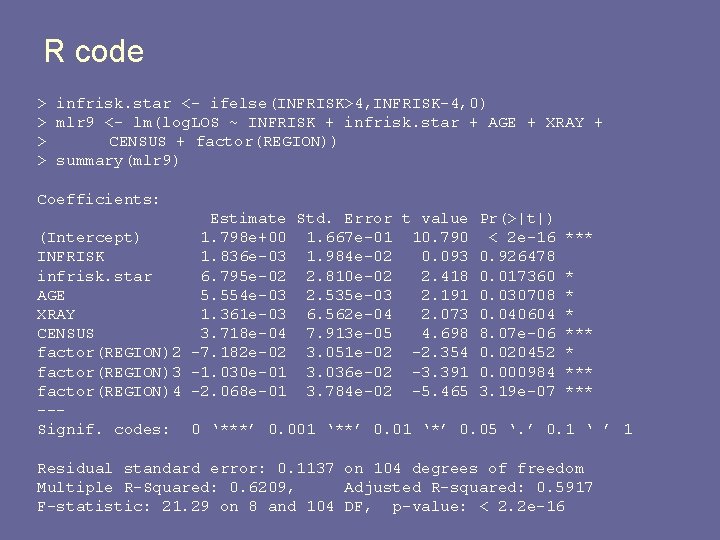 R code > infrisk. star <- ifelse(INFRISK>4, INFRISK-4, 0) > mlr 9 <- lm(log.
