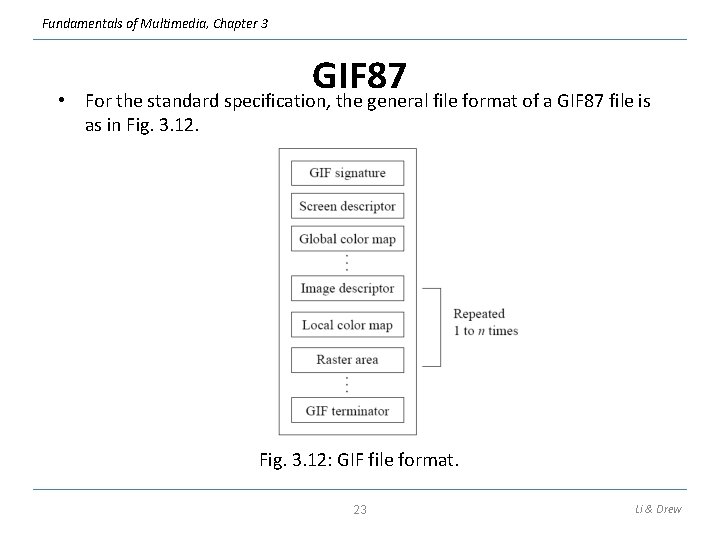 Fundamentals of Multimedia, Chapter 3 • GIF 87 For the standard specification, the general