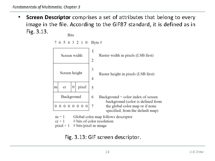 Fundamentals of Multimedia, Chapter 3 • Screen Descriptor comprises a set of attributes that