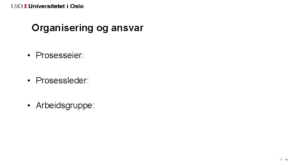 Organisering og ansvar • Prosesseier: • Prosessleder: • Arbeidsgruppe: 11 11 