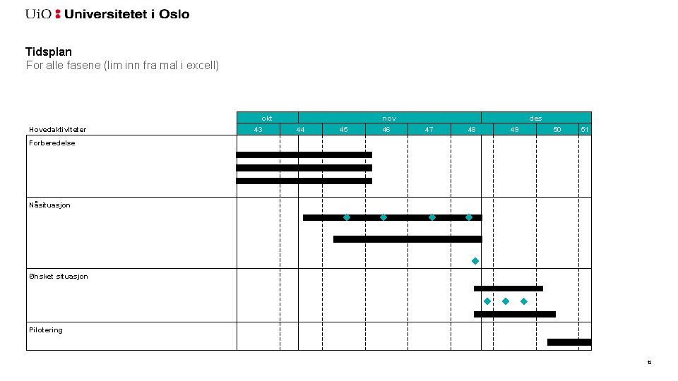 Tidsplan For alle fasene (lim inn fra mal i excell) okt Hovedaktiviteter 43 nov