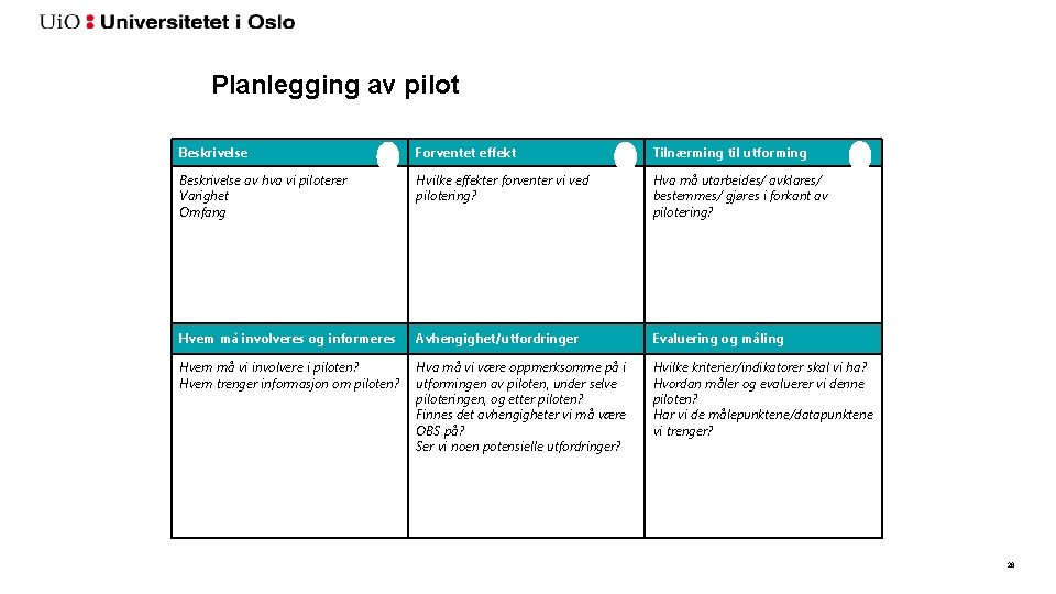 Planlegging av pilot Beskrivelse Forventet effekt Tilnærming til utforming Beskrivelse av hva vi piloterer