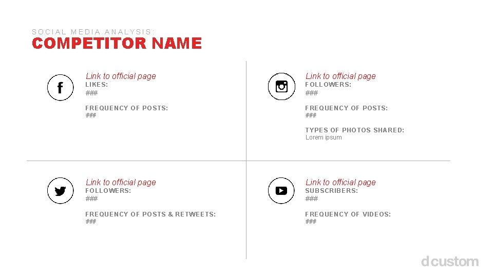 SOCIAL MEDIA ANALYSIS: COMPETITOR NAME Link to official page LIKES: FOLLOWERS: ### FREQUENCY OF