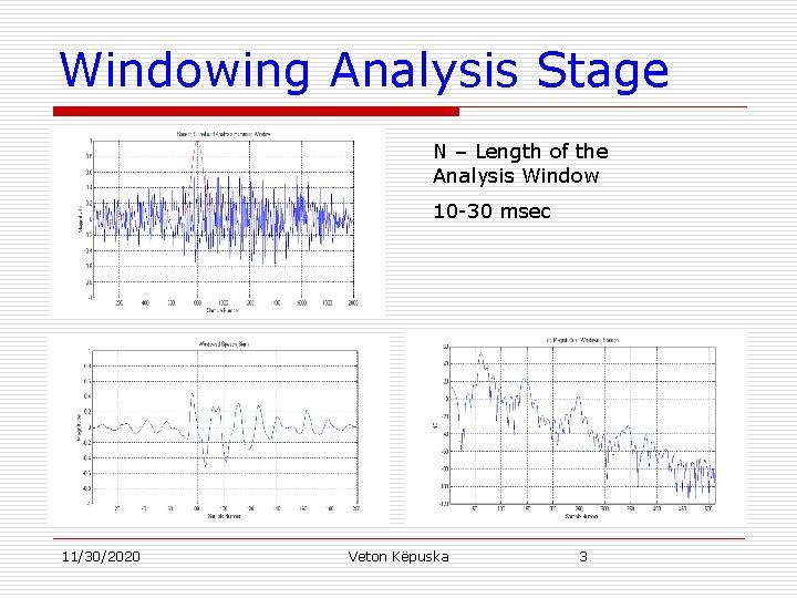 Windowing Analysis Stage N – Length of the Analysis Window 10 -30 msec 11/30/2020