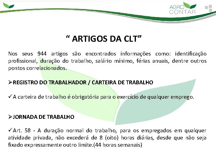 “ ARTIGOS DA CLT” Nos seus 944 artigos são encontrados informações como: identificação profissional, “ ARTIGOS DA CLT” Nos seus 944 artigos são encontrados informações como: identificação profissional,