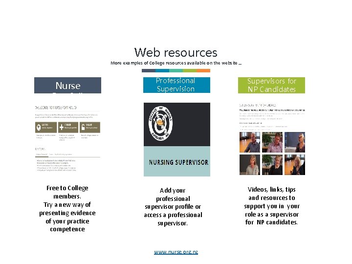 Web resources More examples of College resources available on the website… Nurse e. Portfolio