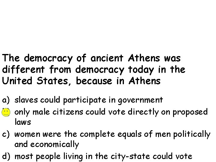 The democracy of ancient Athens was different from democracy today in the United States,