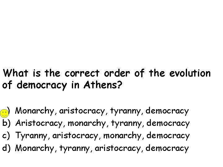 What is the correct order of the evolution of democracy in Athens? a) b)