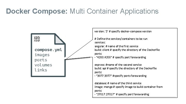 Docker Compose: Multi Container Applications version: '2' # specify docker-compose version # Define the